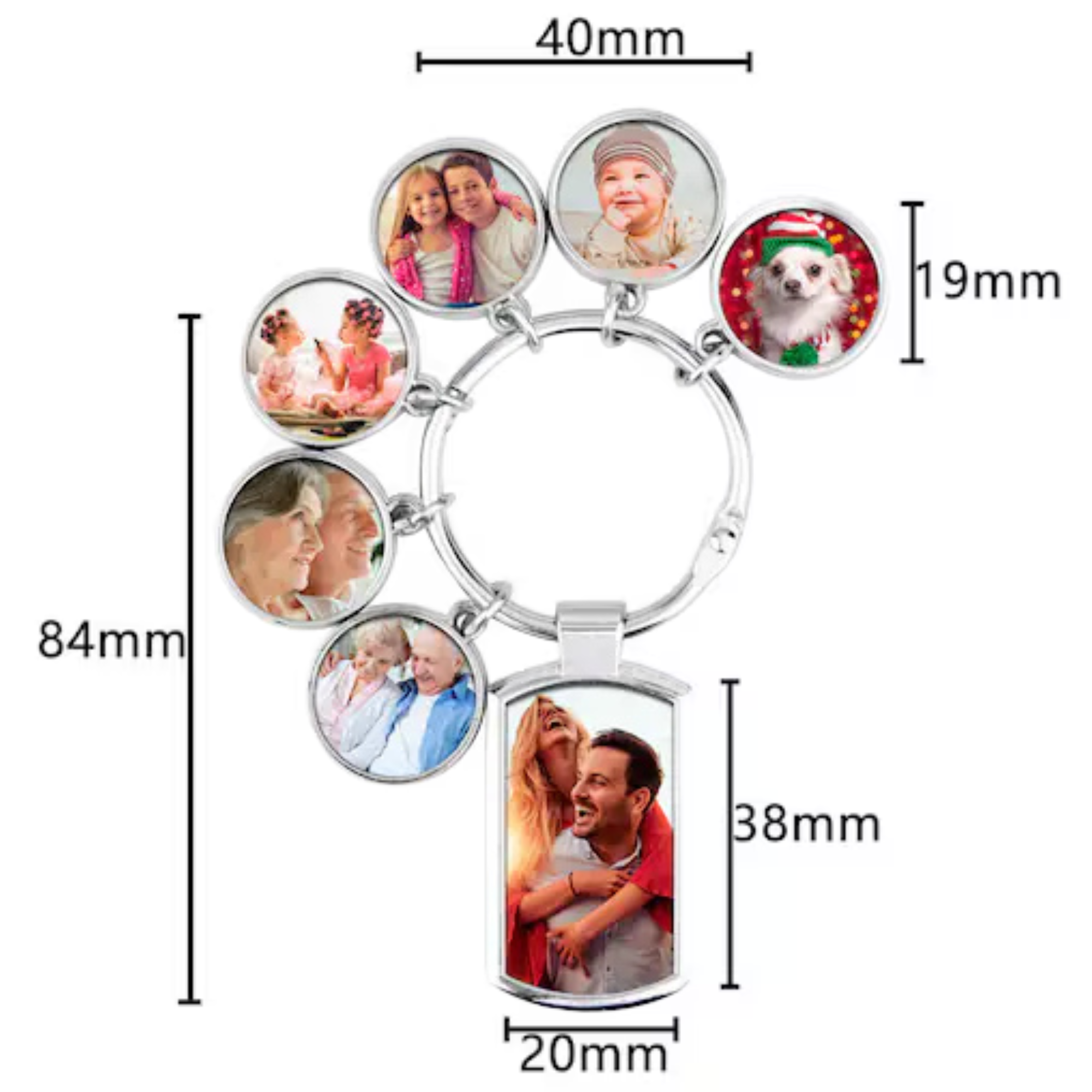 Personalised Metal Photo Keyring – One Main Photo + Up to 6 Dangling Memories