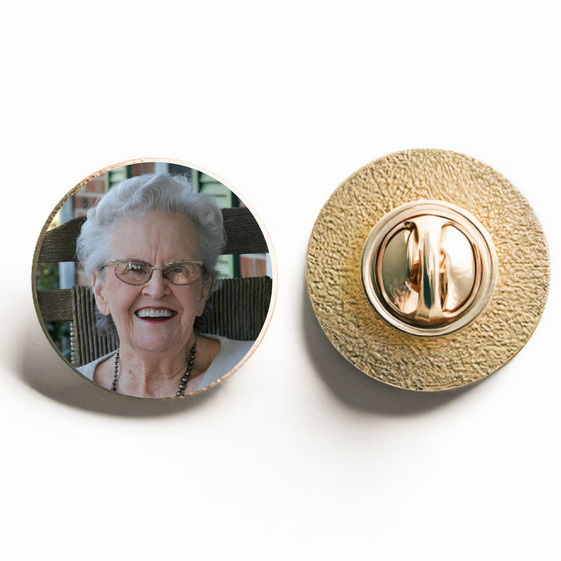 Personalised Photo Text Round Gold Metal Pin Badge - Perham Prints