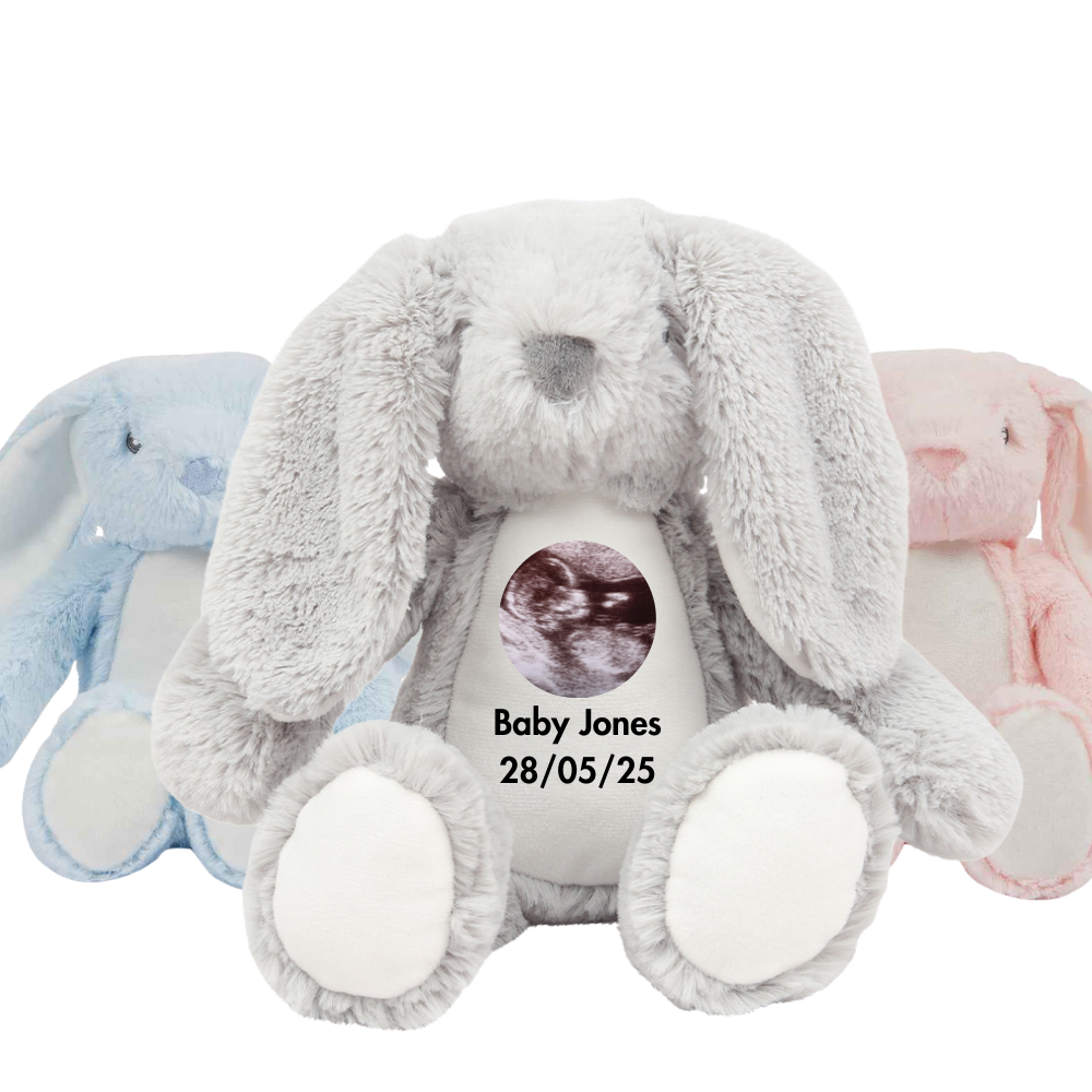 Welcome To The World Baby Scan Photo Personalised Grey Bunny Rabbit Animal Teddy Floppy Ears Cuddle Toy