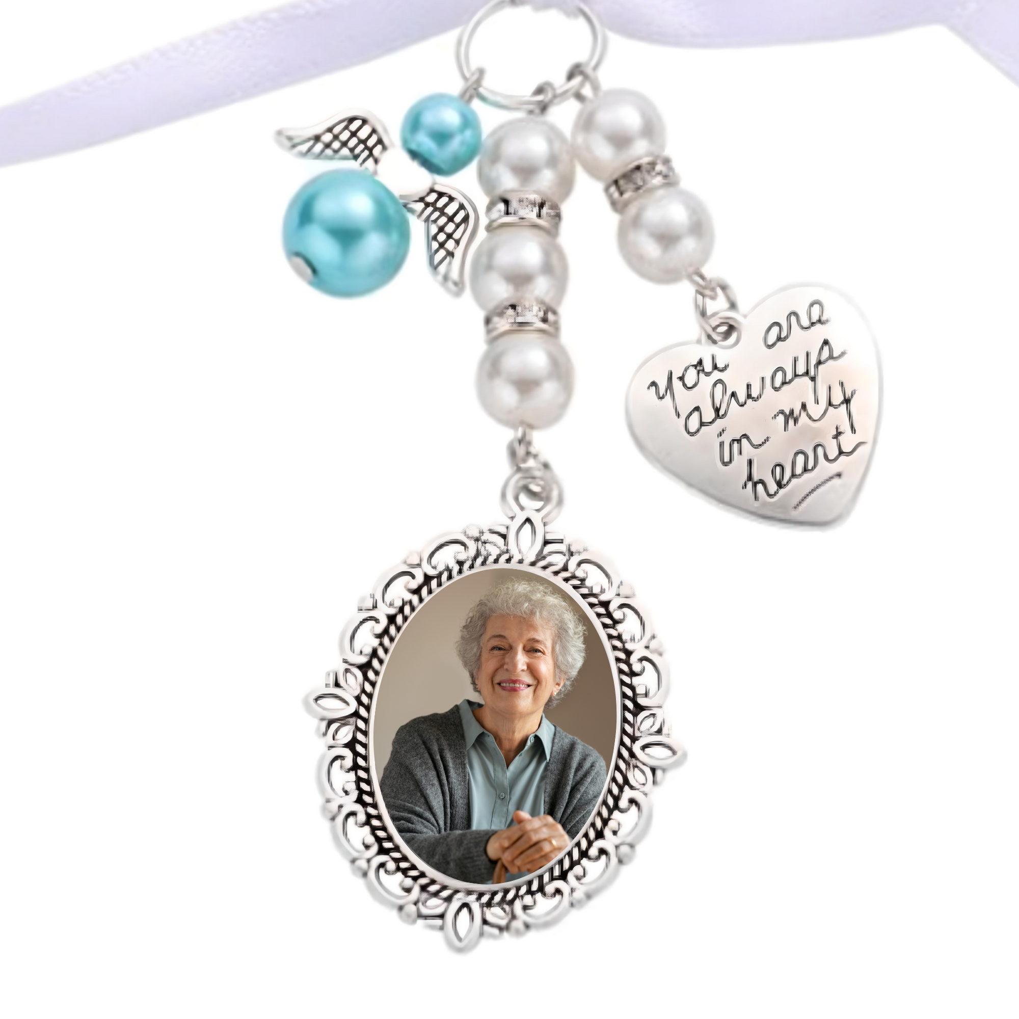 Personalised Bouquet Charm – Photo Memory Keepsake with Angel & Engraved Heart
