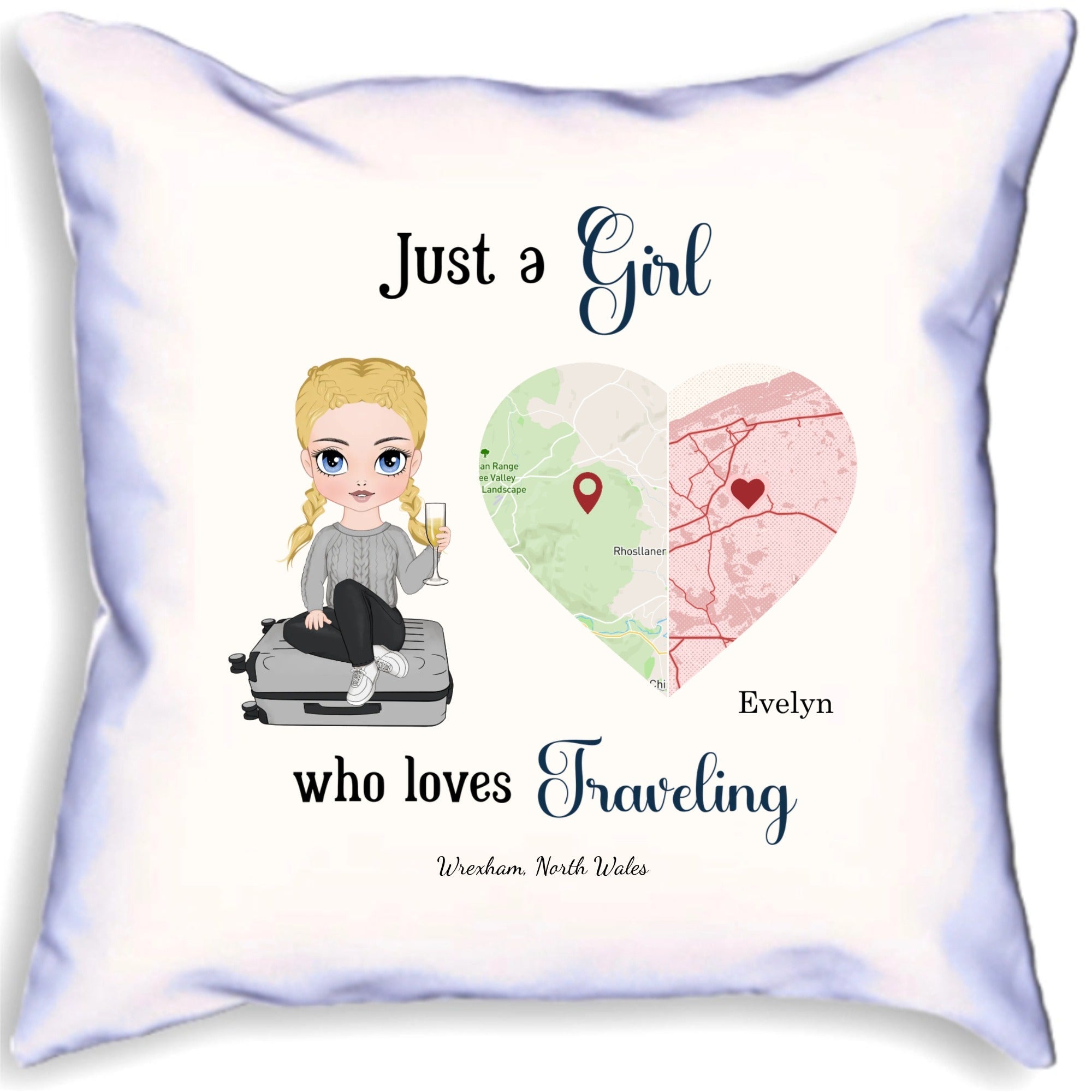 Just A Girl Who Loves Traveling Personalised Map Heart Name Cushion Choose Place