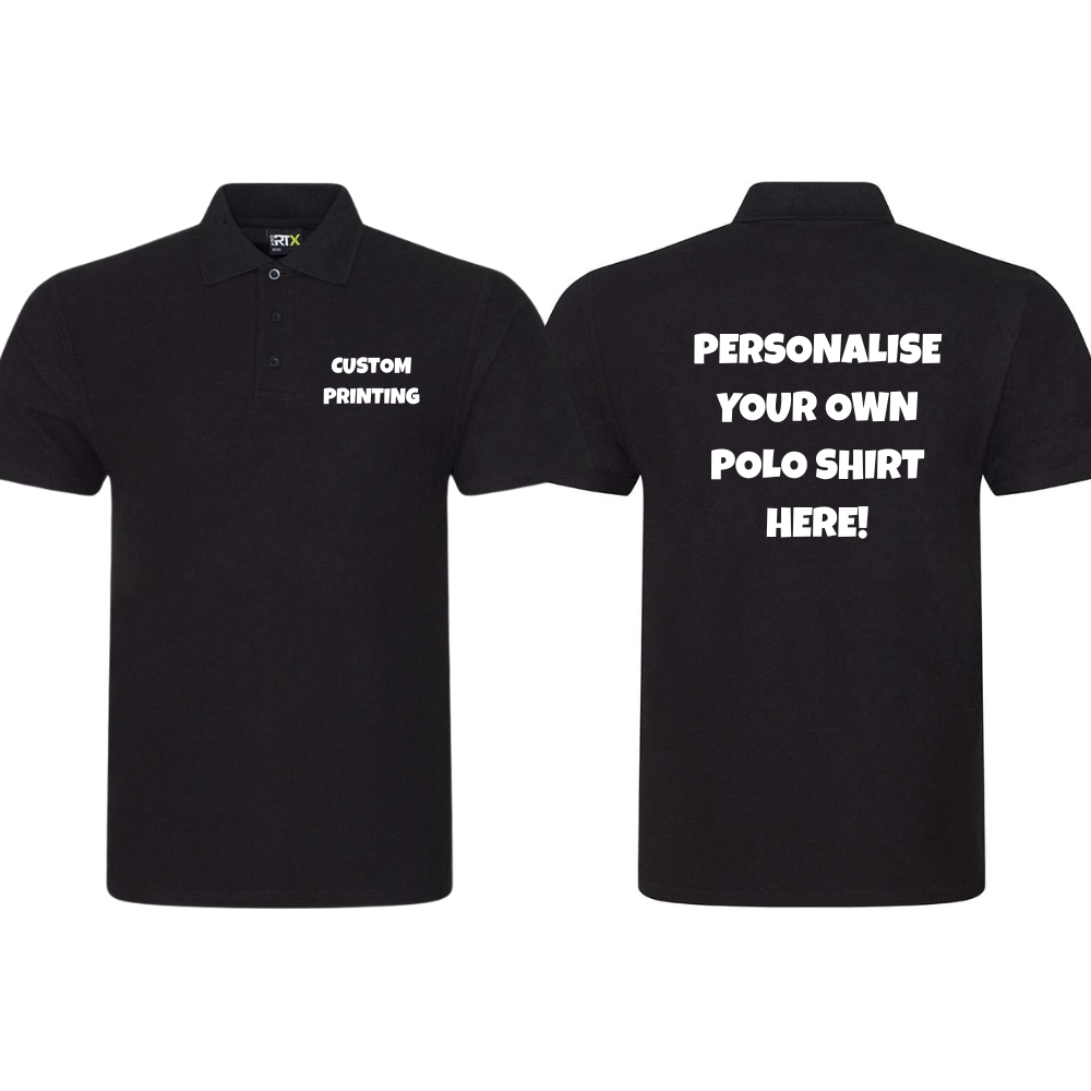 Fully Personalised Black Pro RTX Polo Shirt UNISEX - Create Your Design - Perham Prints