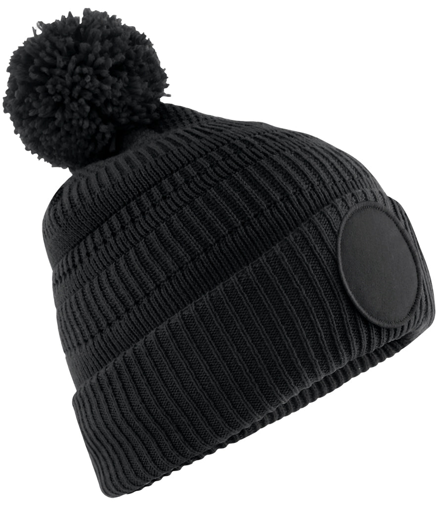 Fully Personalised Beechfield Black Circle Patch Pom Pom Bobble Hat