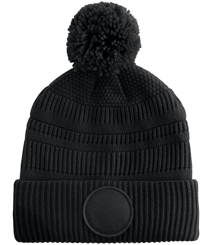 Fully Personalised Beechfield Black Circle Patch Pom Pom Bobble Hat