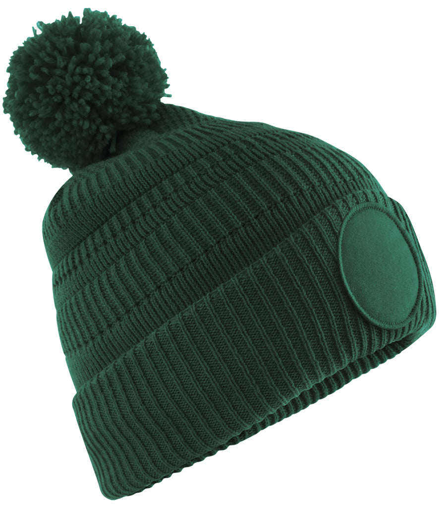 Fully Personalised Beechfield Bottle Green Circle Patch Pom Pom Bobble Hat