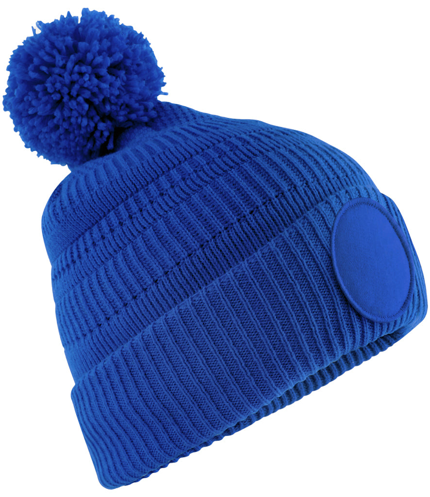 Fully Personalised Beechfield Royal Blue Circle Patch Pom Pom Bobble Hat