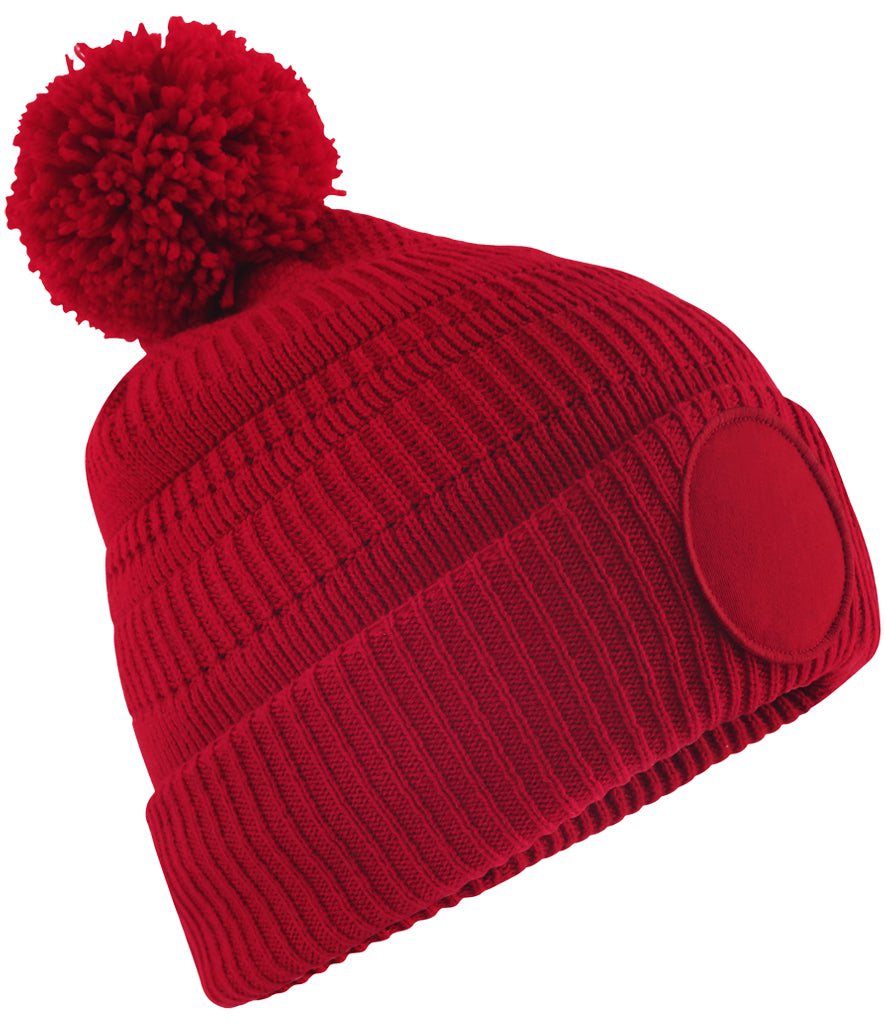 Fully Personalised Beechfield Red Circle Patch Pom Pom Bobble Hat