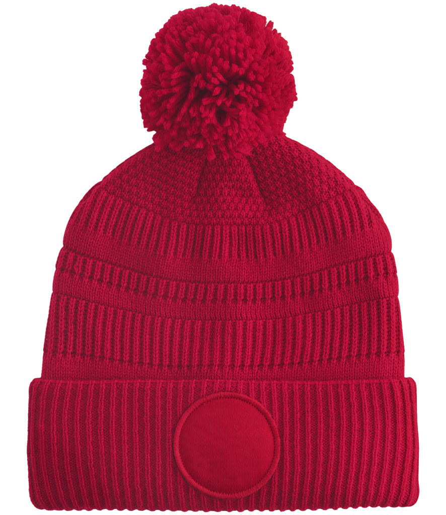 Fully Personalised Beechfield Red Circle Patch Pom Pom Bobble Hat