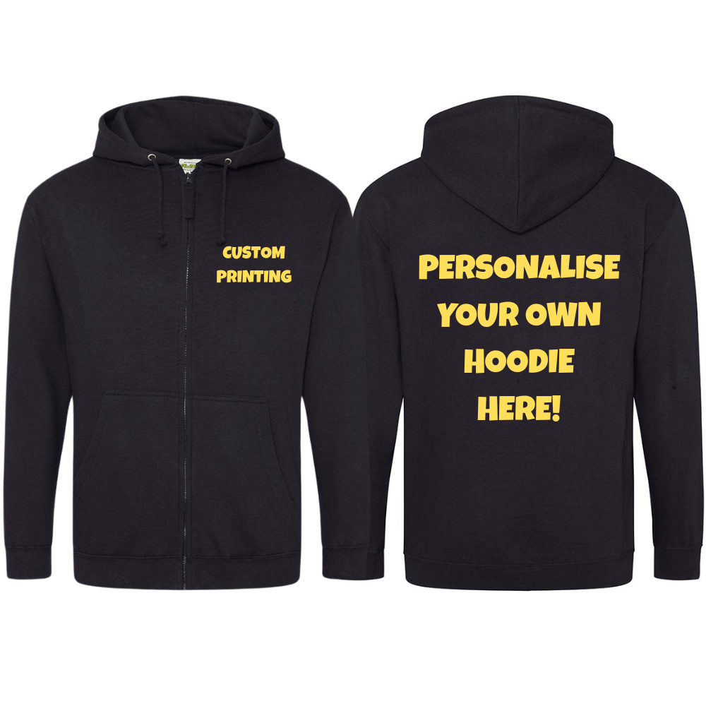 Fully Personalised Black Zip AWDis Hoodie UNISEX - Create Your Design - Perham Prints