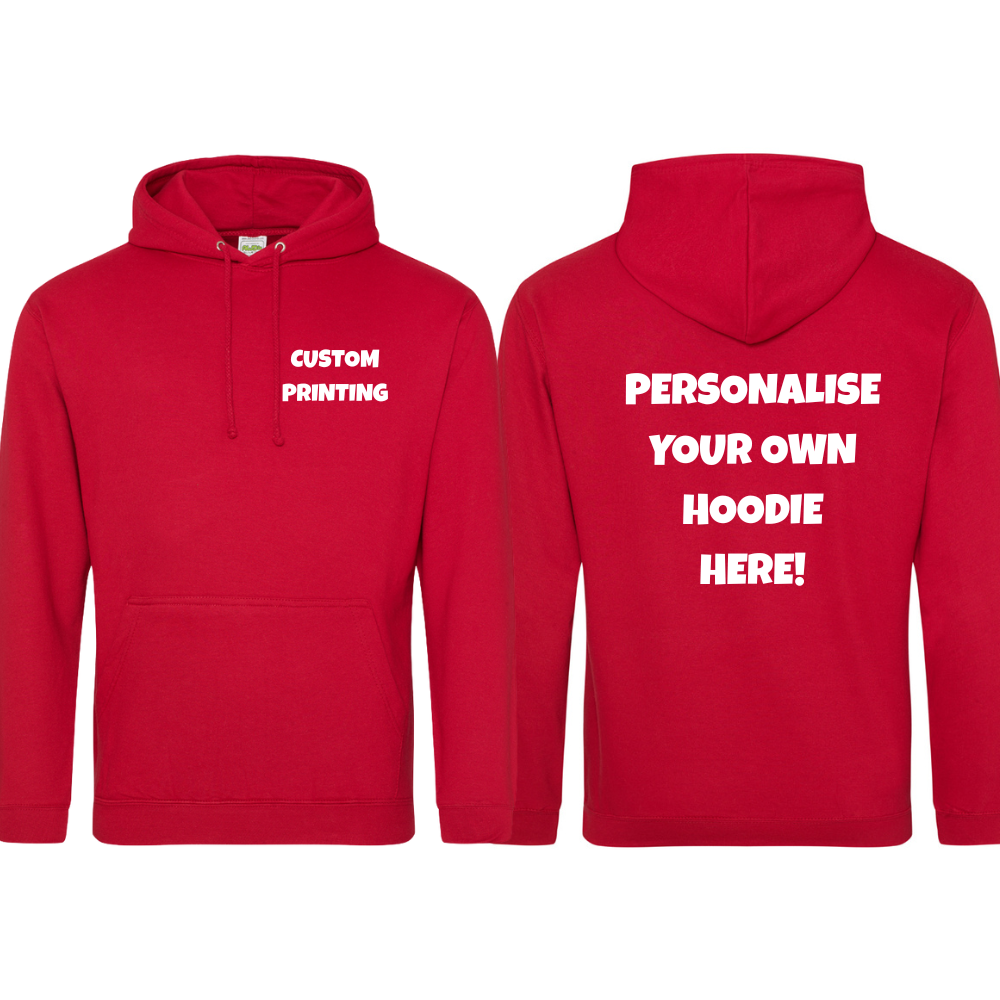 Fully Personalised Red UNISEX Pullover AWDis Hoodie - Create Your Design - Perham Prints