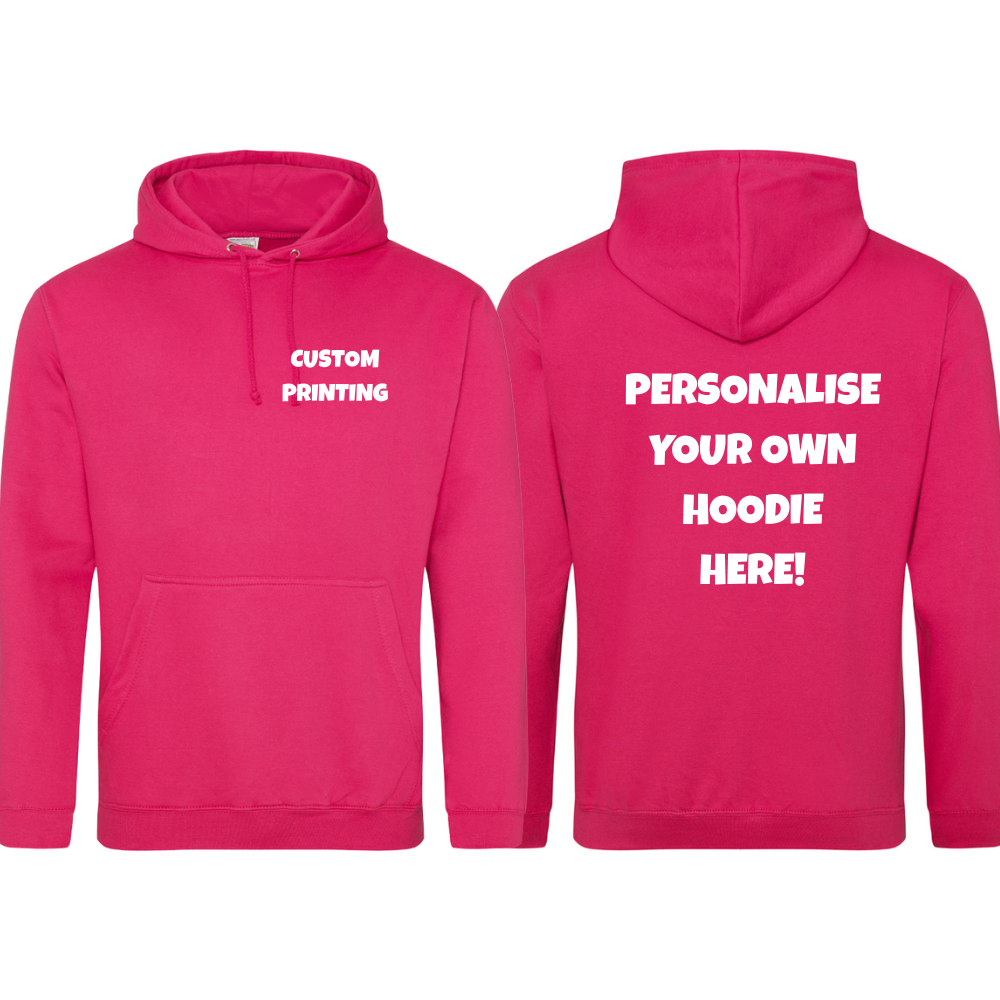 Fully Personalised Hot Pink UNISEX Pullover AWDis Hoodie - Create Your Design - Perham Prints