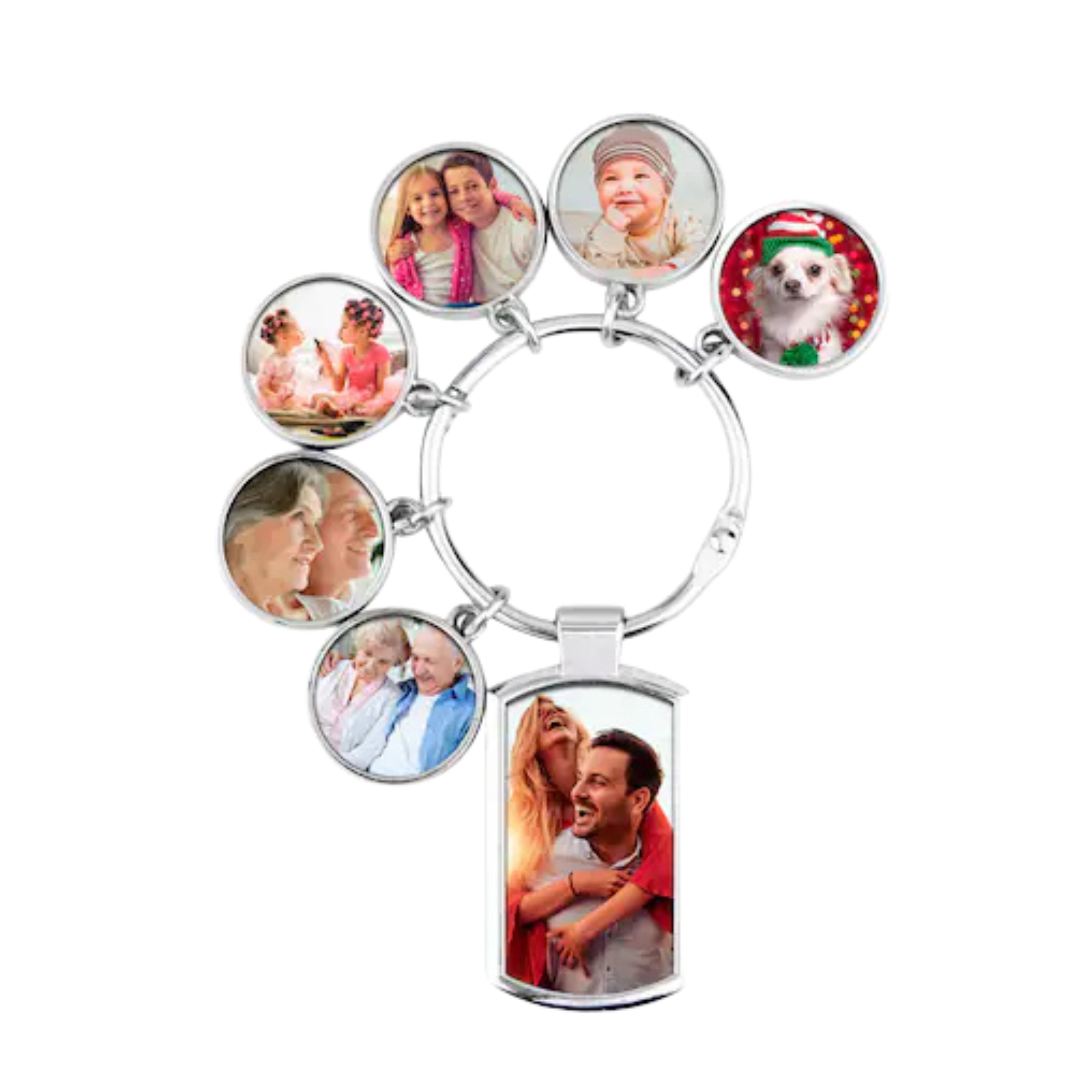 Personalised Metal Photo Keyring – One Main Photo + Up to 6 Dangling Memories