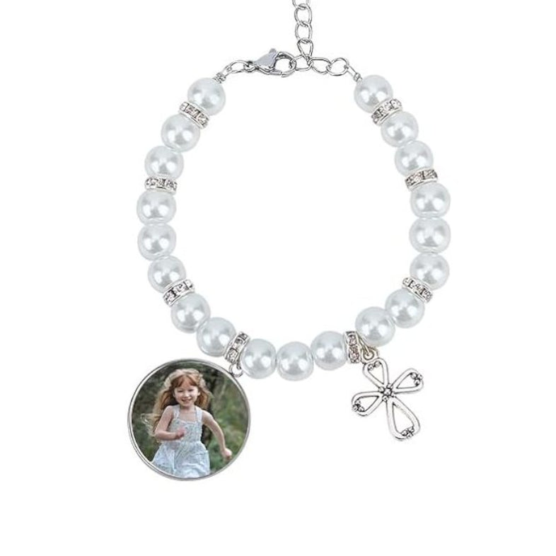 Personalised Photo Bracelet Pearl Diamante Cross - Perham Prints