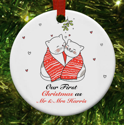 Personalised Our First Christmas As Mr And Mrs Cat Theme Christmas Decoration