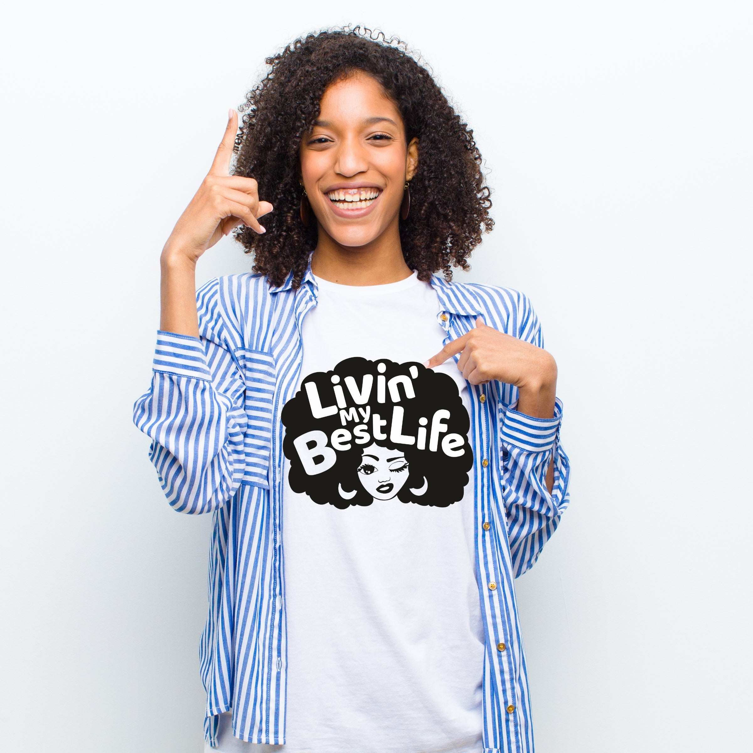 Living My Best Life Afro Hair Design White Gildan Tshirt - Perham Prints