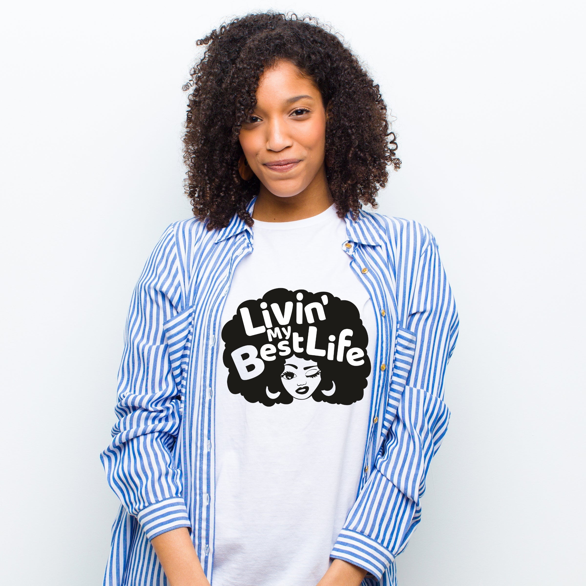 Living My Best Life Afro Hair Design White Gildan Tshirt - Perham Prints