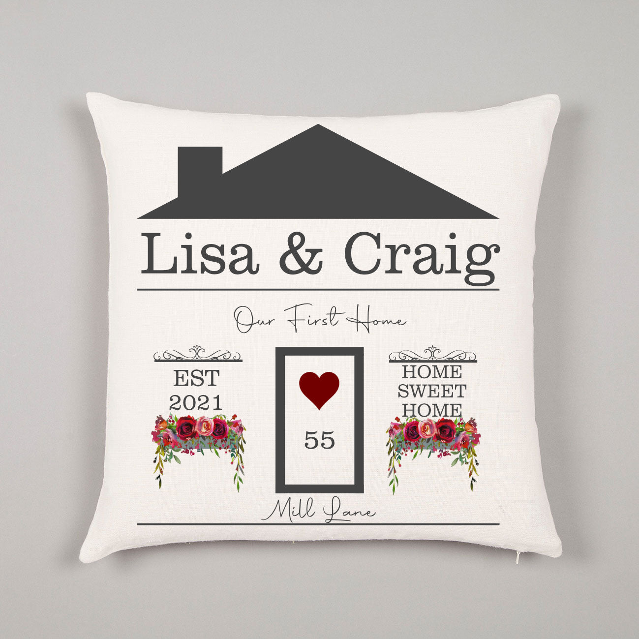 New First Home Gift Family Name Door Name Established Home Sweet Home Personalised Cushion - Perham Prints