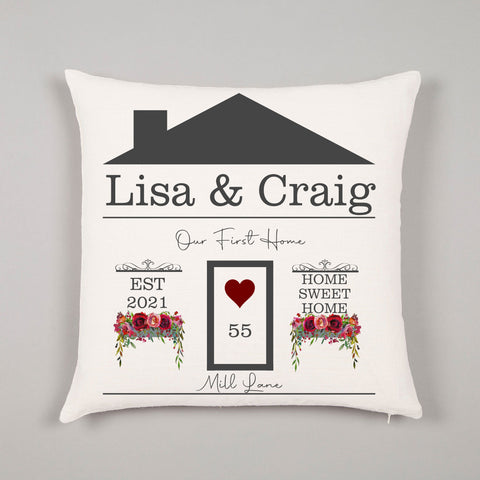 New First Home Gift Family Name Door Name Established Home Sweet Home Personalised Cushion - 0