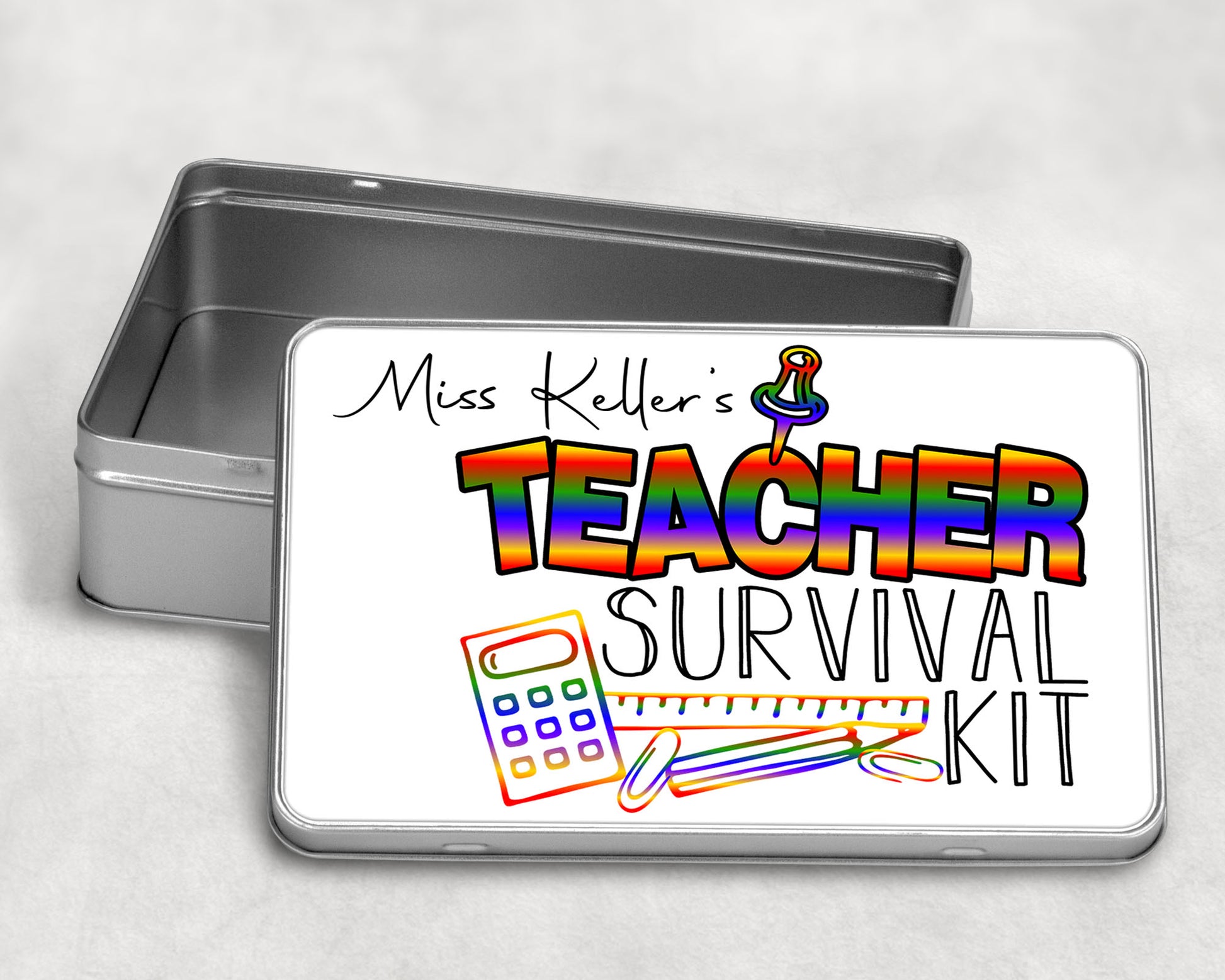 Teacher Survival Kit Customise With Name Rectangle Metal Tin Teacher Gift - Perham Prints