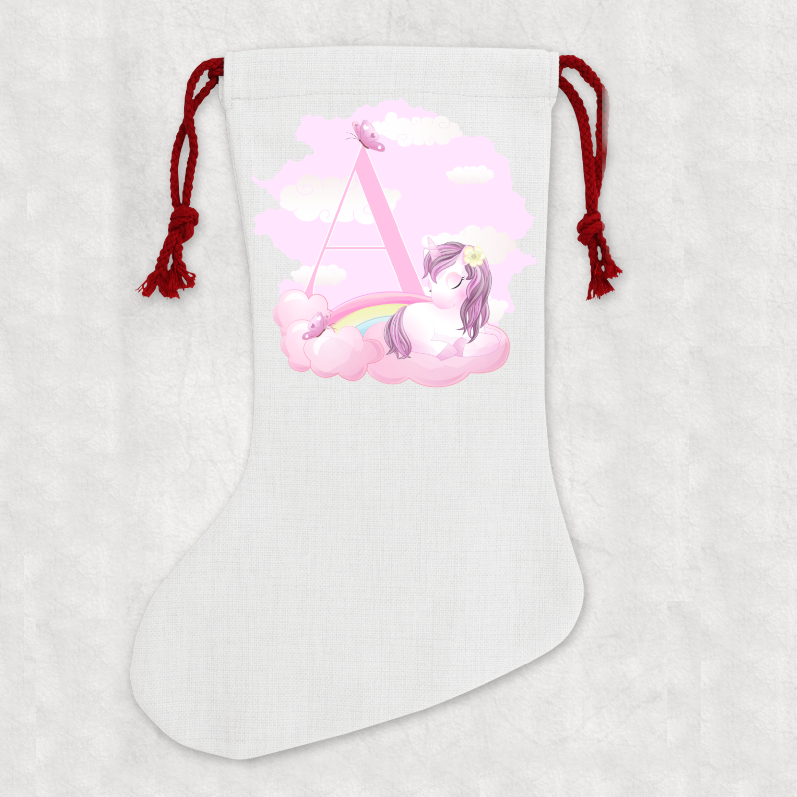 Personalised Linen Cream Christmas Stocking Name Unicorn Alphabet - Perham Prints