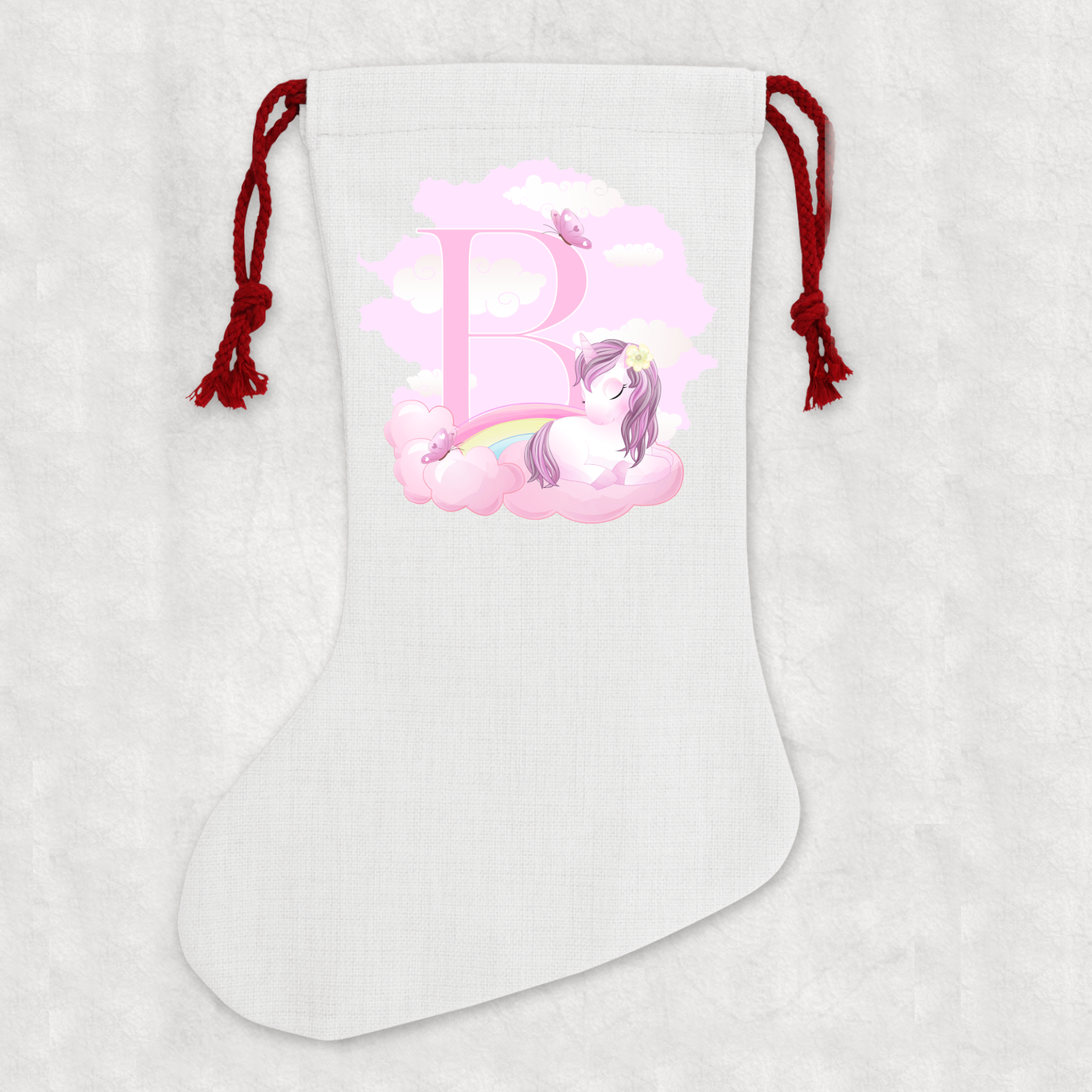 Personalised Linen Cream Christmas Stocking Name Unicorn Alphabet - Perham Prints