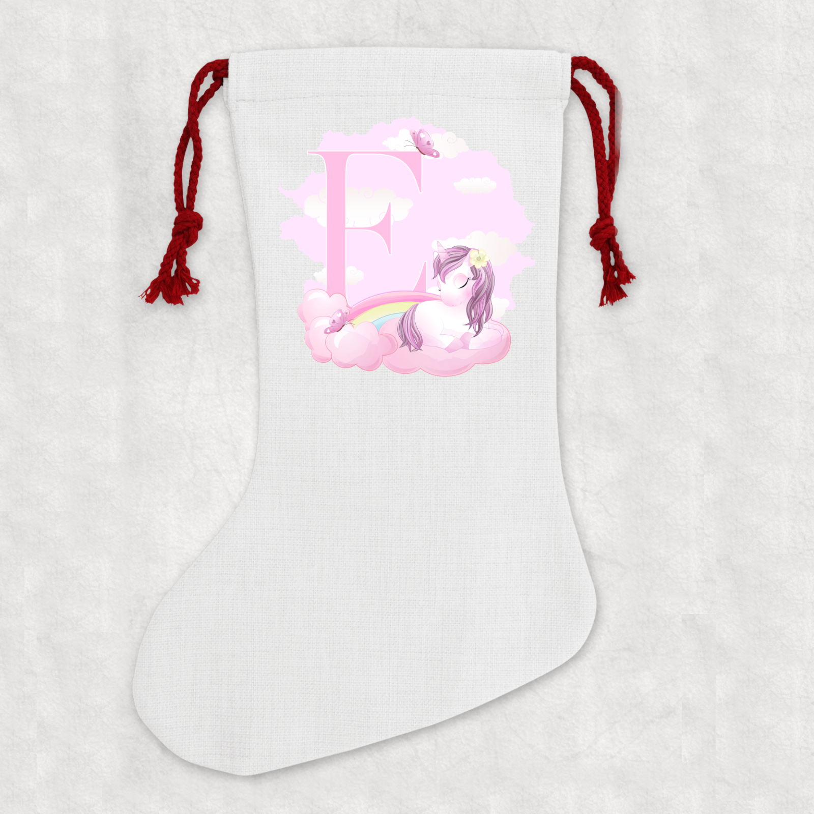 Personalised Linen Cream Christmas Stocking Name Unicorn Alphabet - Perham Prints