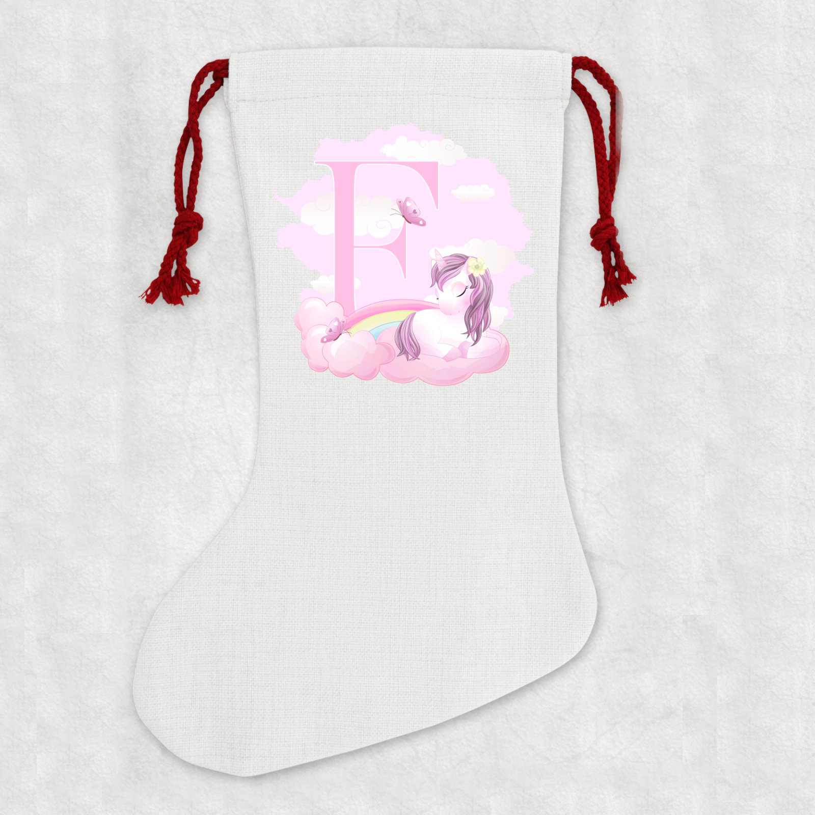 Personalised Linen Cream Christmas Stocking Name Unicorn Alphabet - Perham Prints