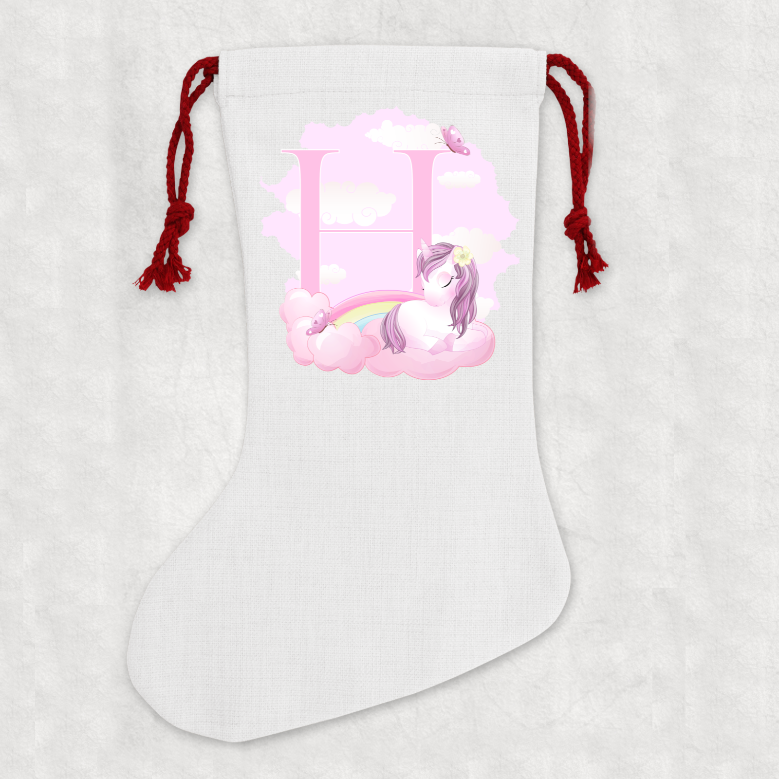 Personalised Linen Cream Christmas Stocking Name Unicorn Alphabet - Perham Prints