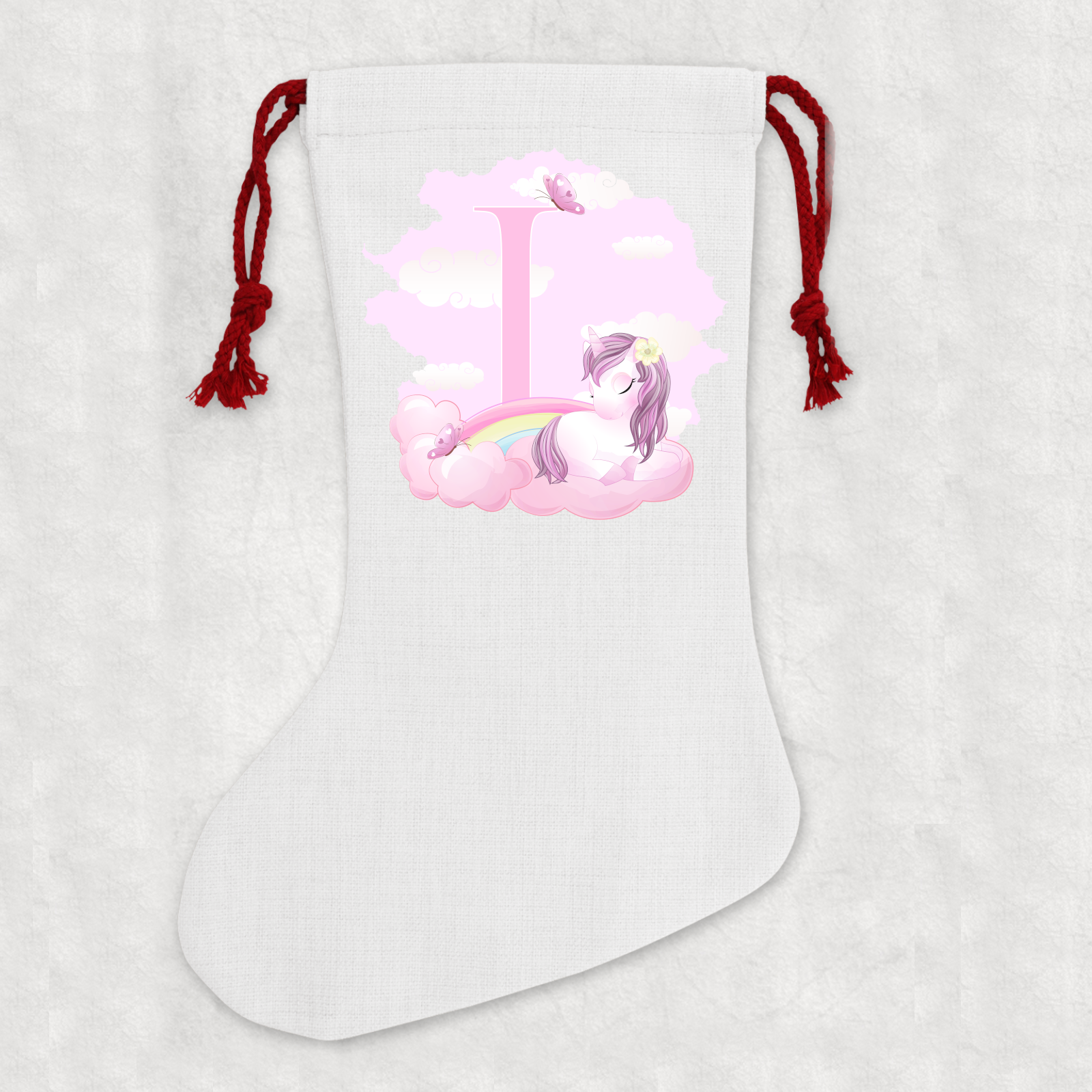 Personalised Linen Cream Christmas Stocking Name Unicorn Alphabet - Perham Prints