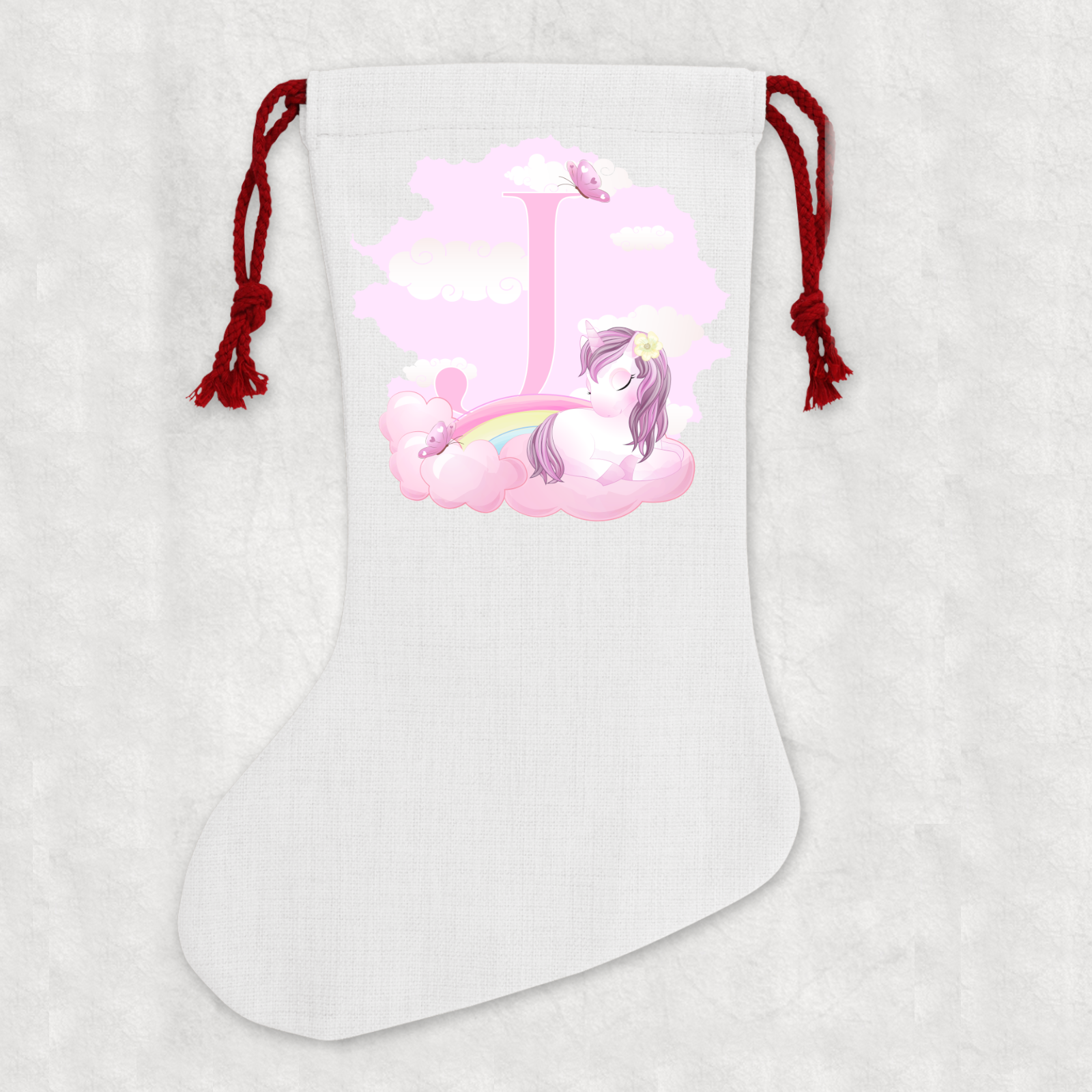 Personalised Linen Cream Christmas Stocking Name Unicorn Alphabet - Perham Prints