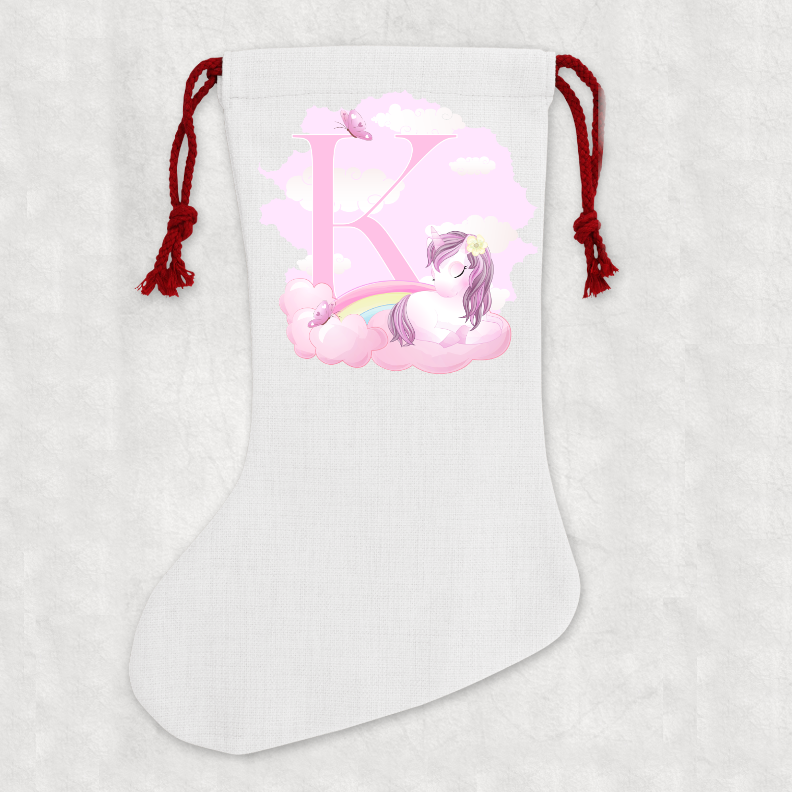 Personalised Linen Cream Christmas Stocking Name Unicorn Alphabet - Perham Prints
