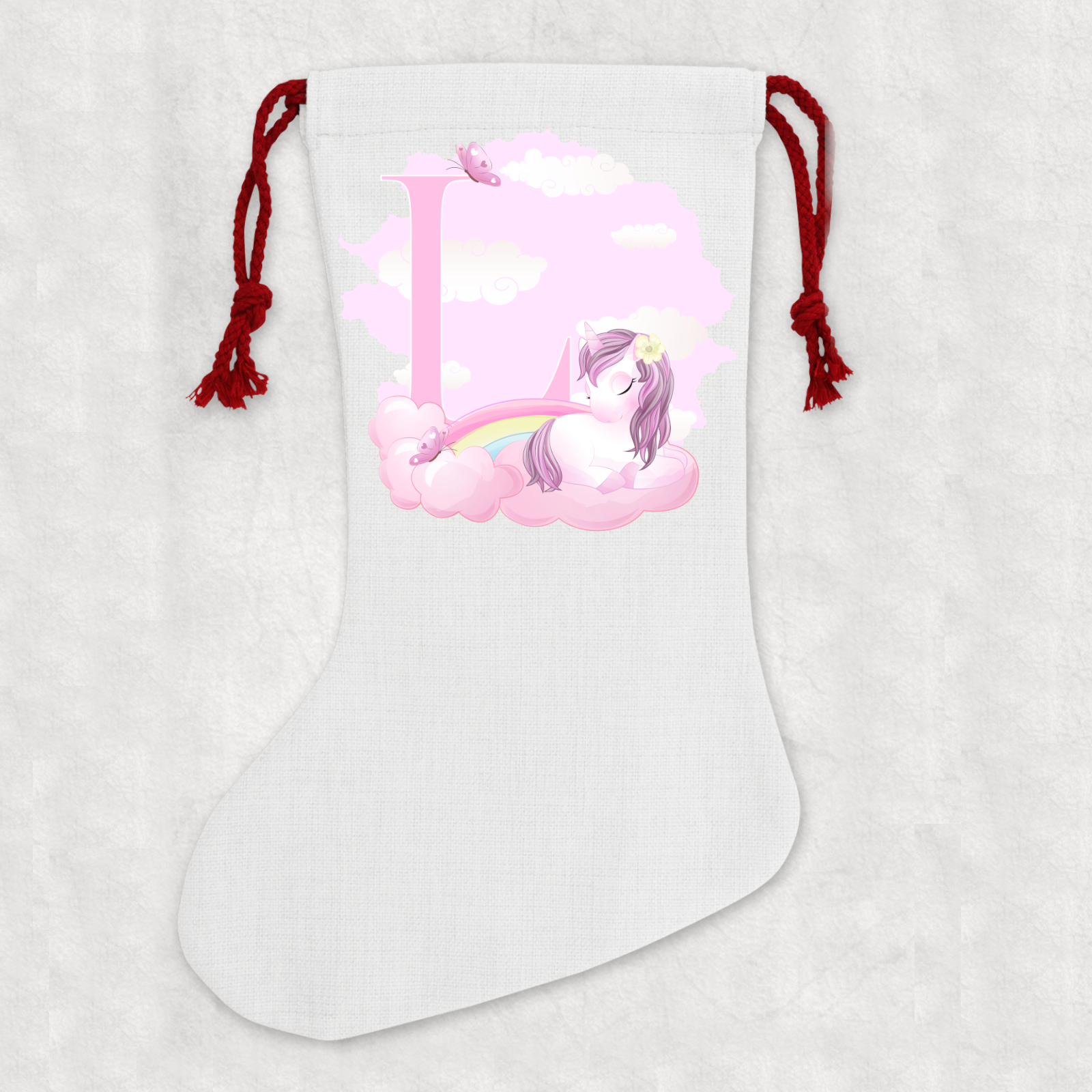 Personalised Linen Cream Christmas Stocking Name Unicorn Alphabet - Perham Prints
