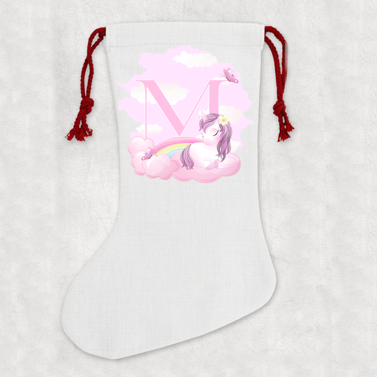 Personalised Linen Cream Christmas Stocking Name Unicorn Alphabet - Perham Prints