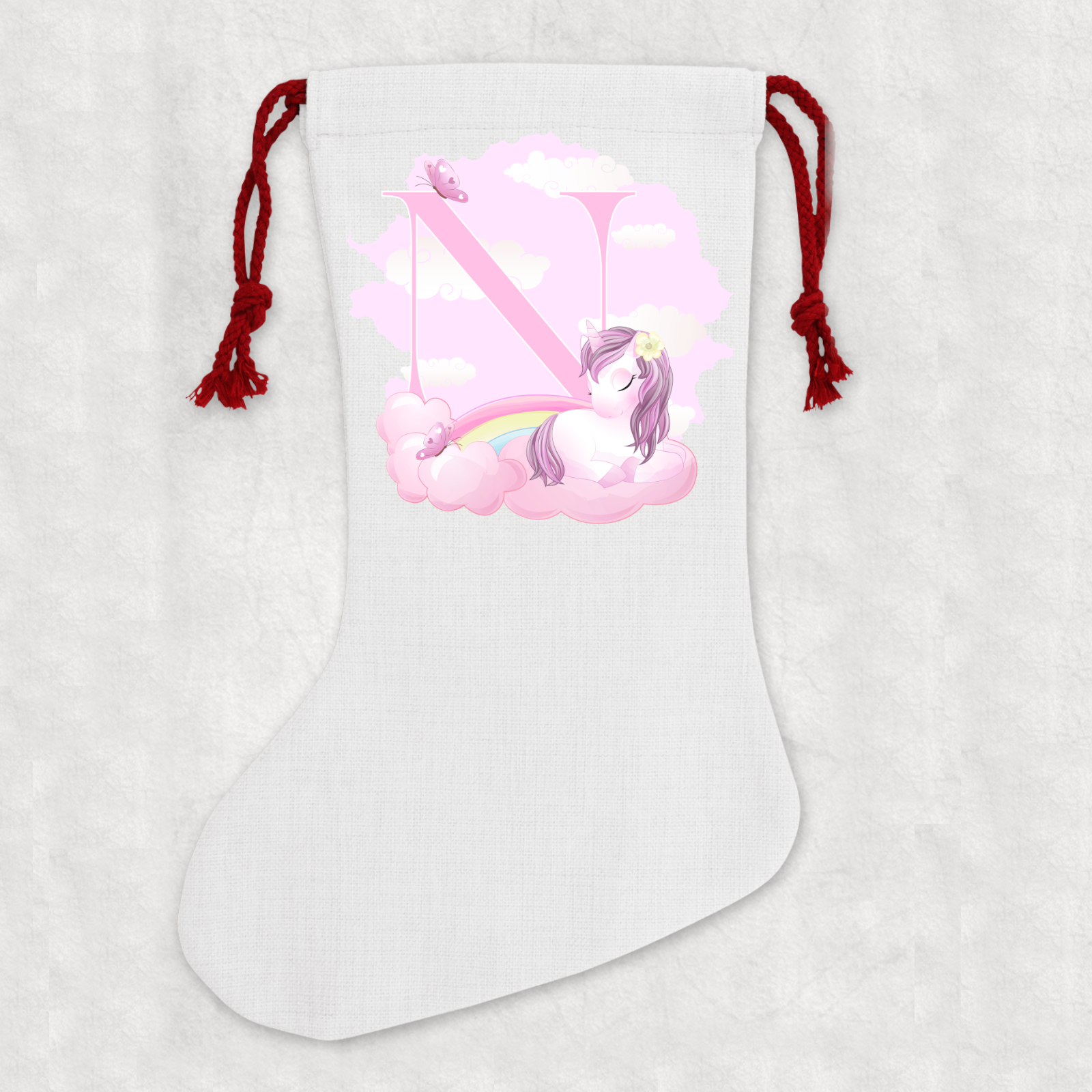 Personalised Linen Cream Christmas Stocking Name Unicorn Alphabet - Perham Prints
