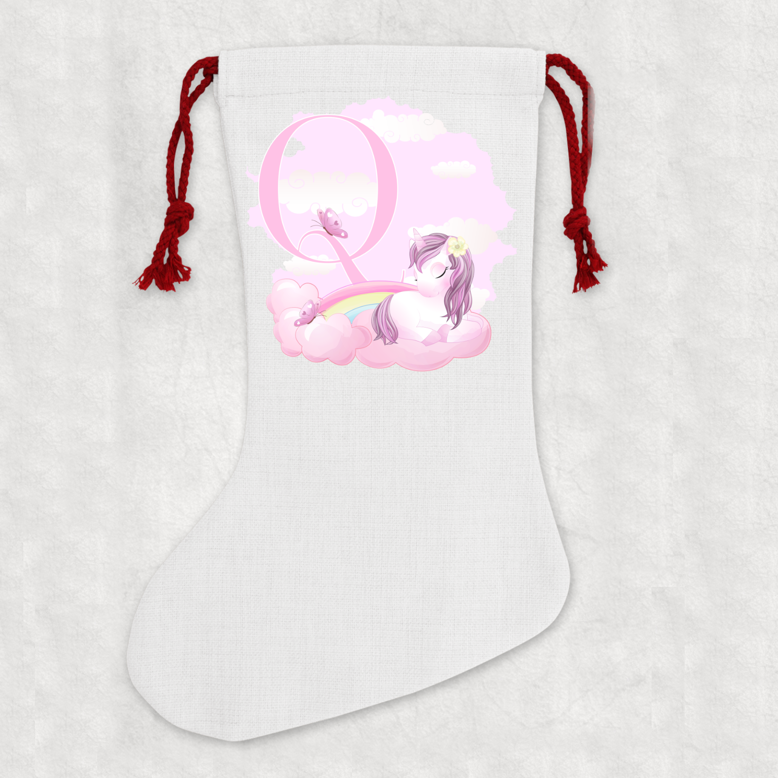 Personalised Linen Cream Christmas Stocking Name Unicorn Alphabet - Perham Prints