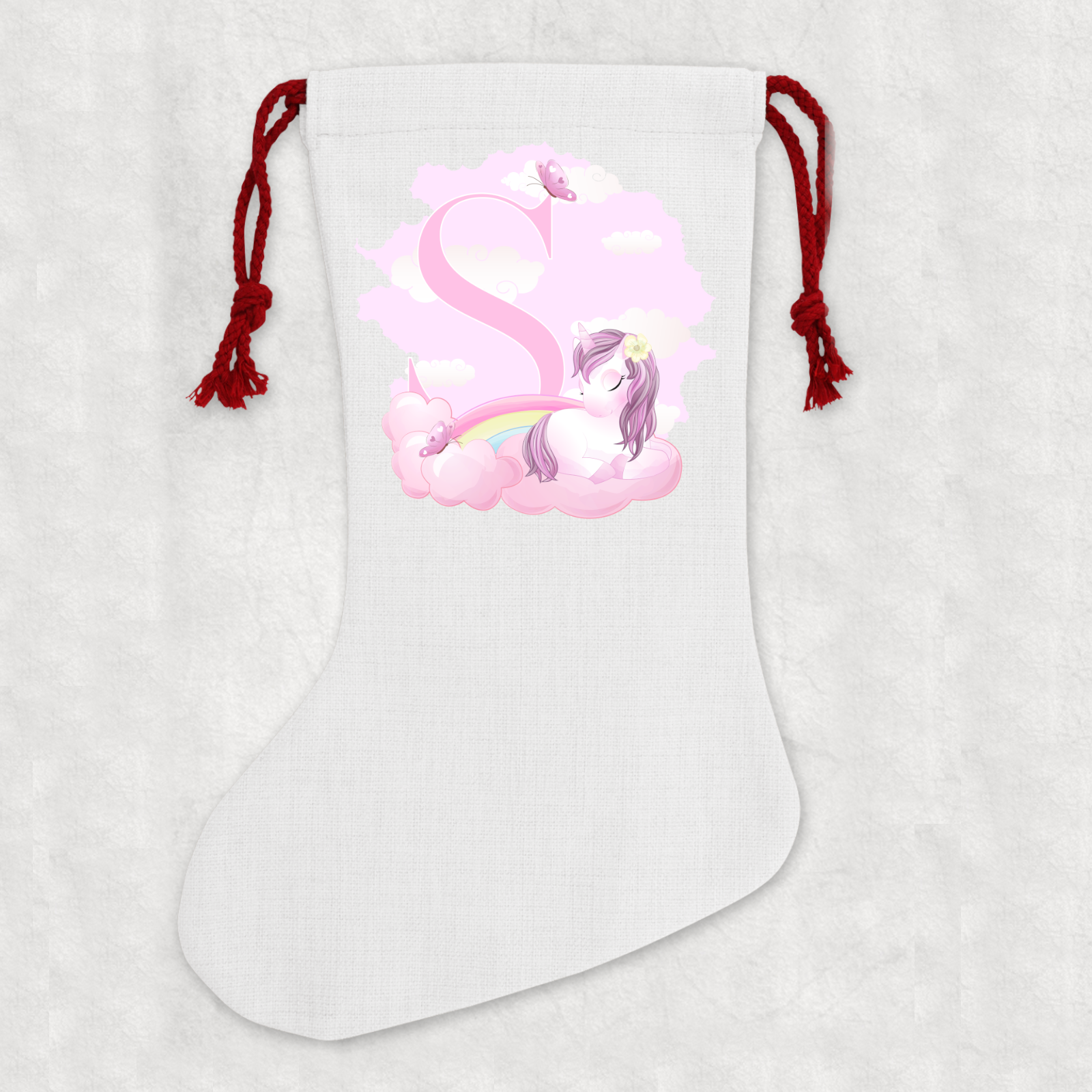 Personalised Linen Cream Christmas Stocking Name Unicorn Alphabet - Perham Prints