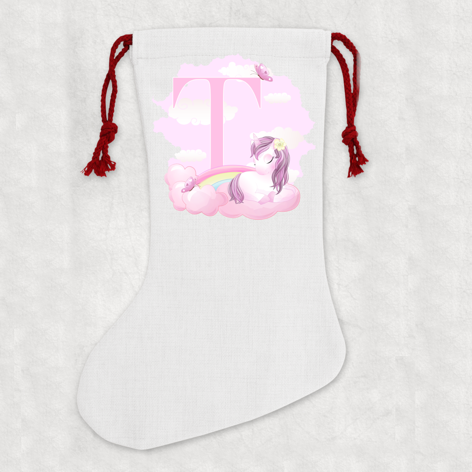 Personalised Linen Cream Christmas Stocking Name Unicorn Alphabet - Perham Prints