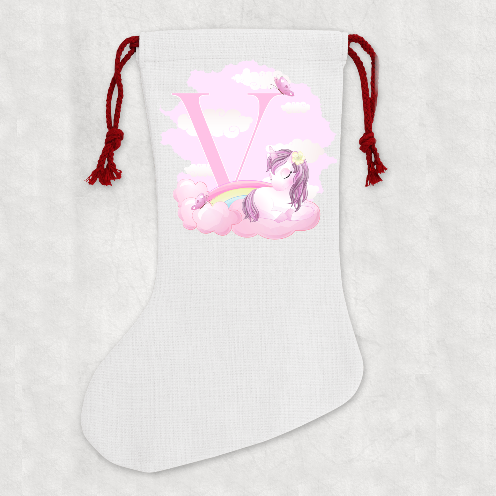 Personalised Linen Cream Christmas Stocking Name Unicorn Alphabet - Perham Prints