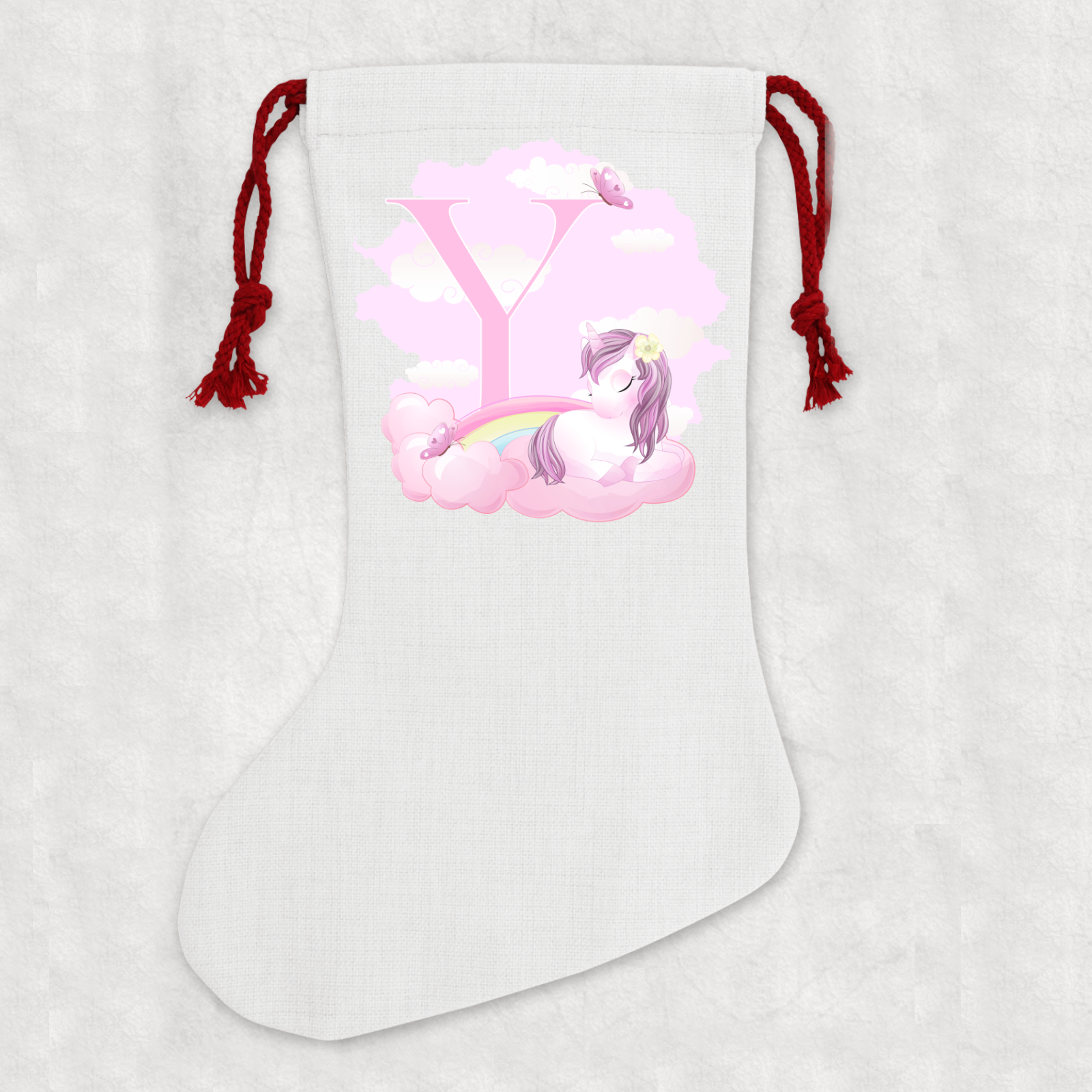 Personalised Linen Cream Christmas Stocking Name Unicorn Alphabet - Perham Prints