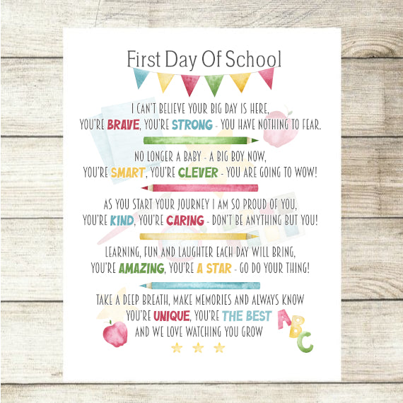 FIRST DAY AT SCHOOL POEM I CAN'T BELIEVE YOUR BIG DAY IS HERE BOY OR GIRL Custom Photo Card - Perham Prints