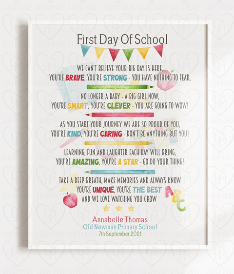 First Day At School Poem I Can't Believe Your Big Day Is Here Boy or Girl Frame Design Ready To Hang - 0