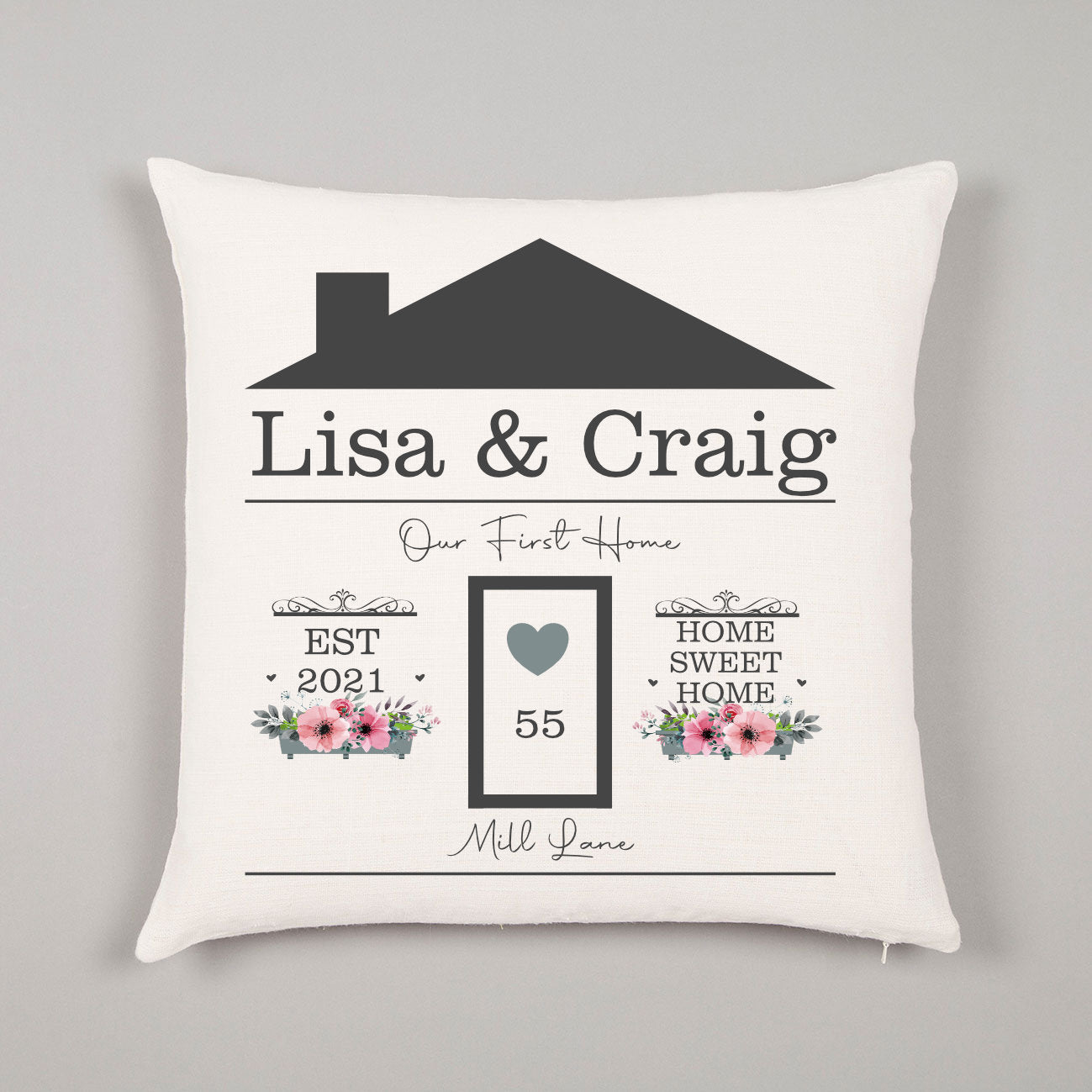 New First Home Gift Family Name Door Name Established Home Sweet Home Personalised Cushion - Perham Prints
