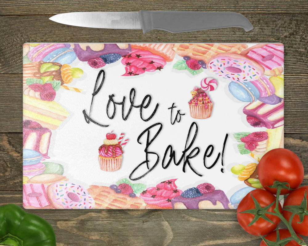 Love To Bake Chopping Board Frosted Glass - Perham Prints