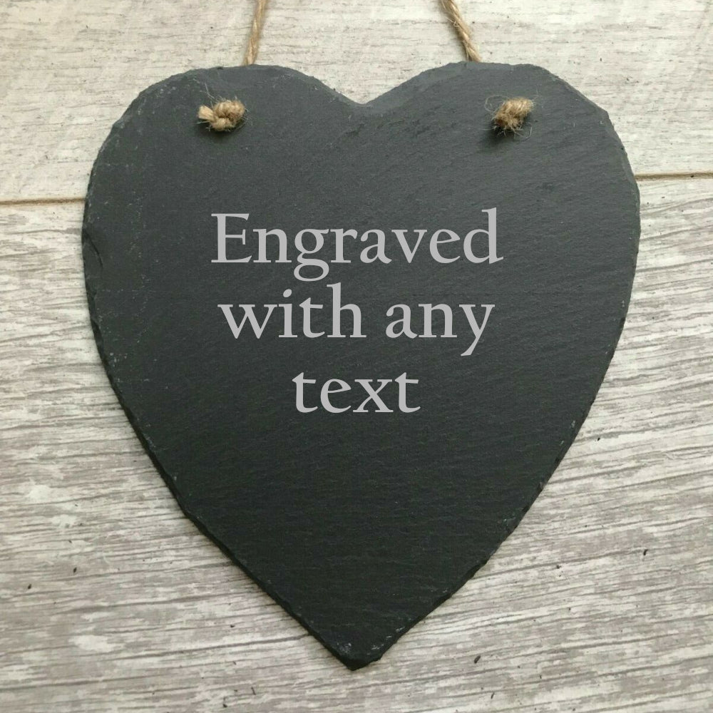 Hanging Heart Slate Plaque engraved personalised with text - Perham Prints