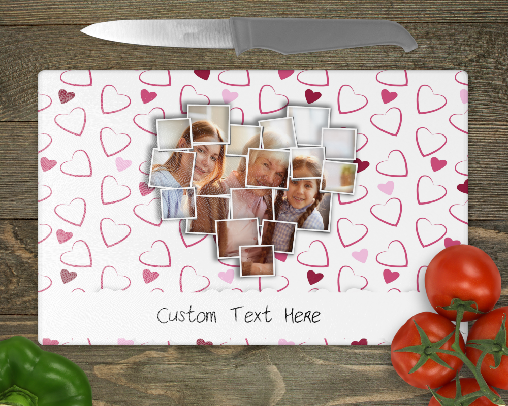Heart Theme Chopping Board with Photo and text Personalised Chopping Board Frosted Glass - Perham Prints