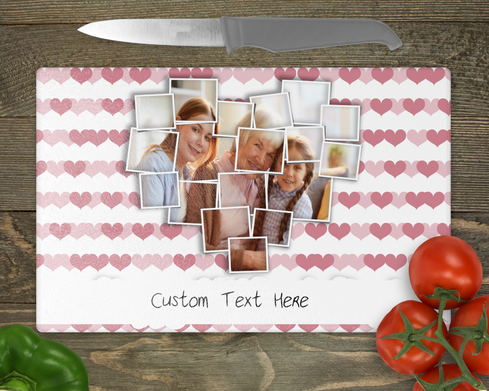 Heart Themed New Chopping Board with Photo and text Personalised Chopping Board Frosted Glass - Perham Prints