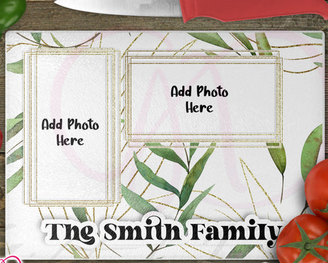Custom Family Name Two Photo Golden Green Personalised Chopping Board Frosted Glass