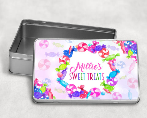 Metal Rectangle Tin Sweet Treats Personalised With Name Sweet Background