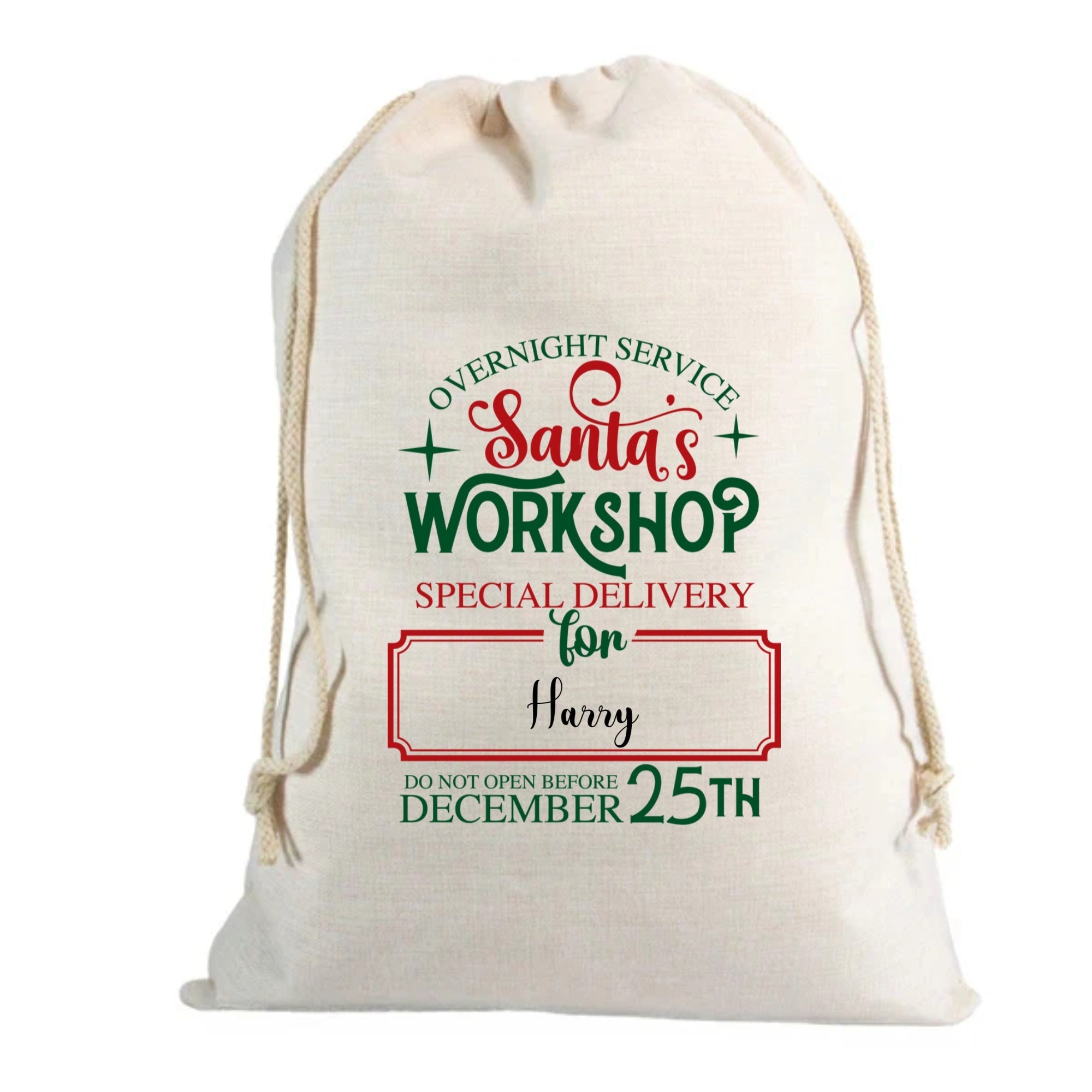 🎅 Personalised Santa's Workshop Custom Name Linen Santa Sack – 70 x 85cm
