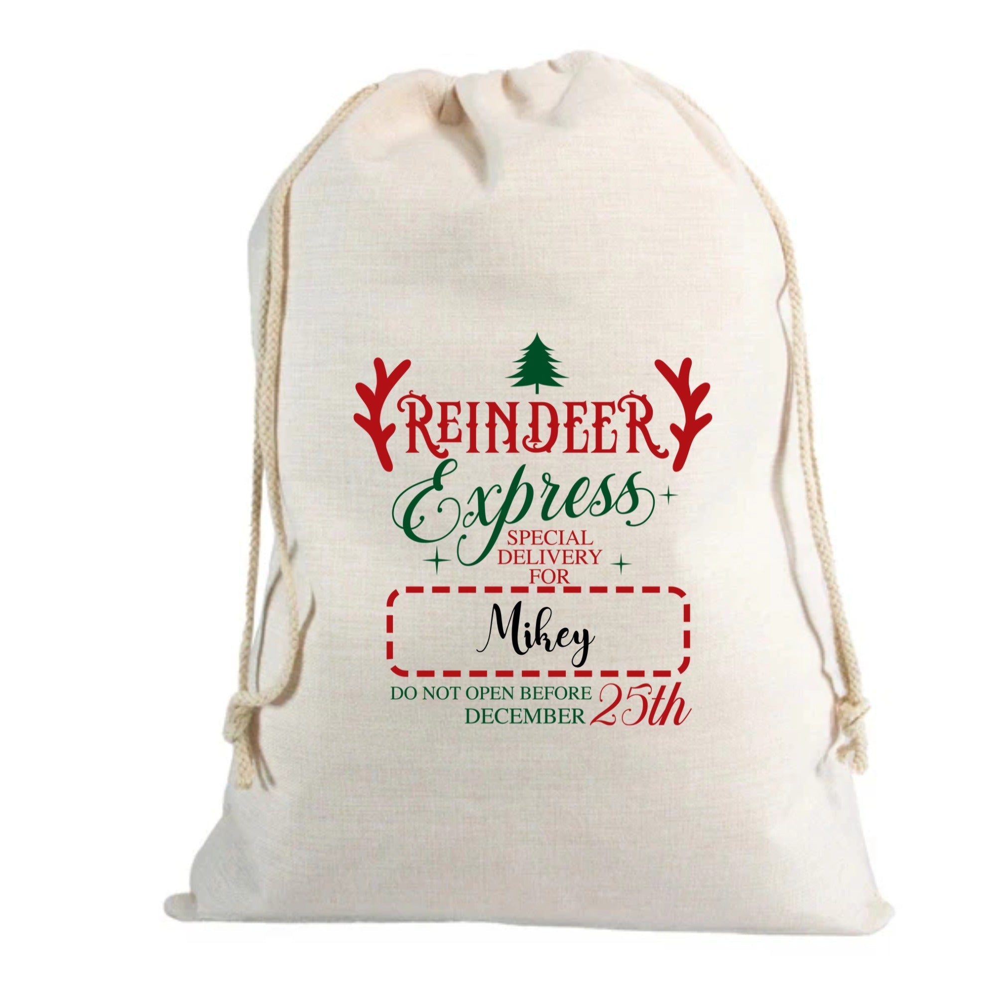 🎅 Personalised Reindeer Express Antlers Custom Name Linen Santa Sack – 70 x 85cm